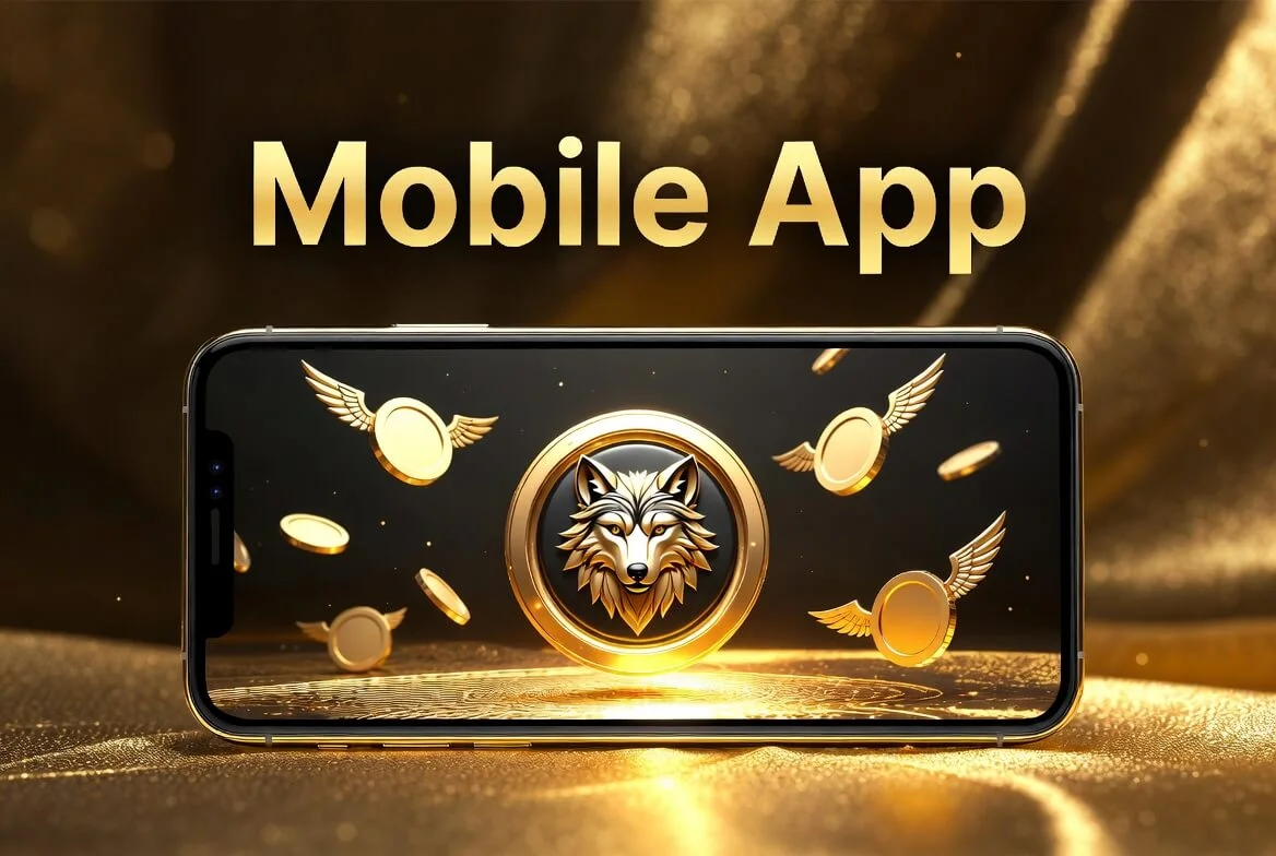 Wolf Winner app download running on an Android phone with the pokies lobby open